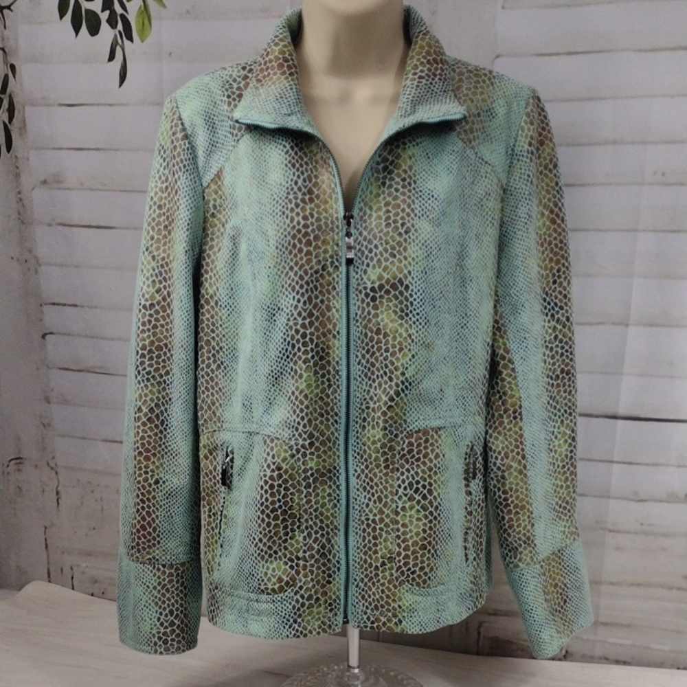 Dialogue Women's Green and Brown Snakeskin Bomber Jacket Size S